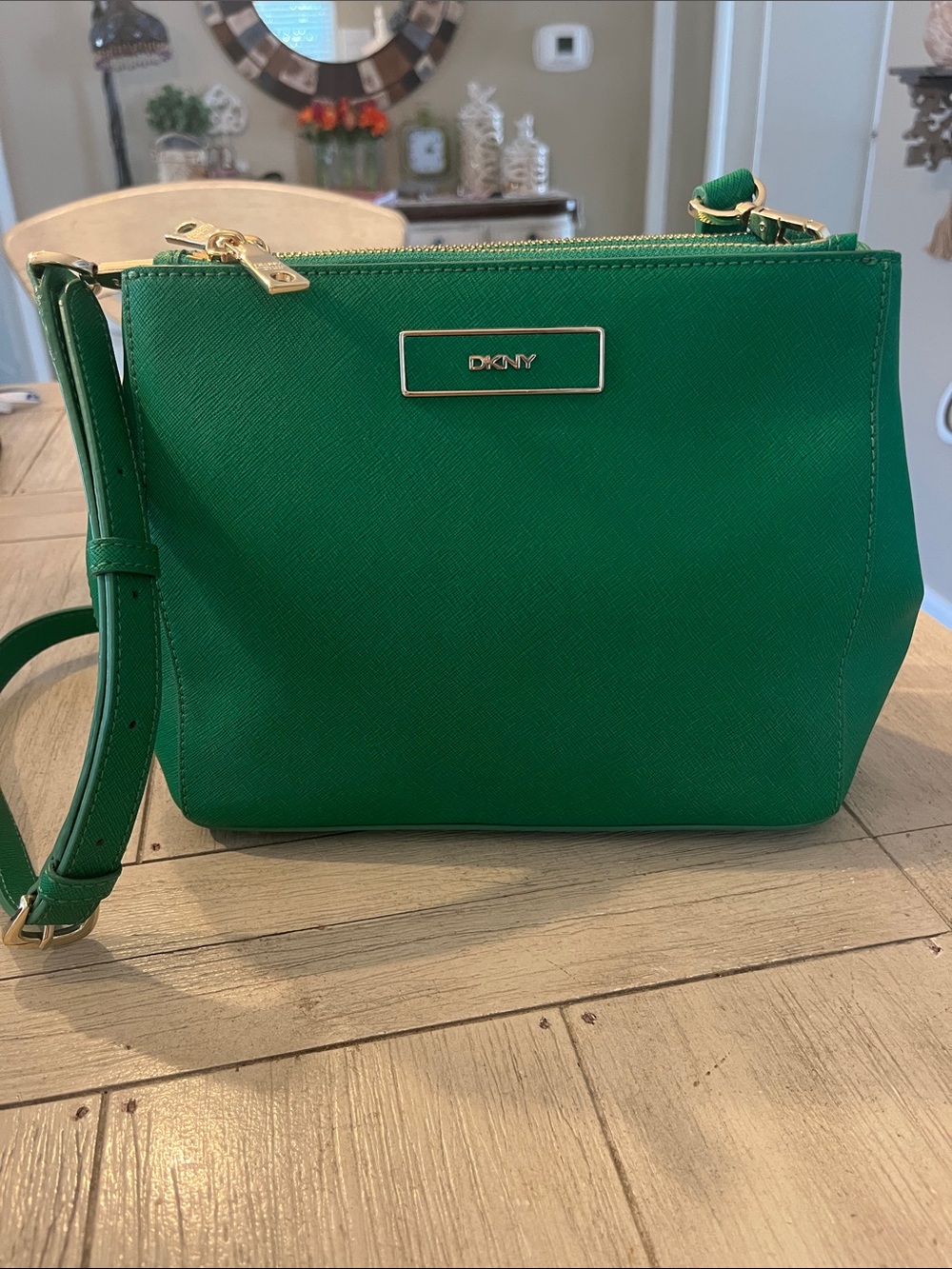 DKNY Emerald Green Saffiano Crossbody Bag with Gold Hardware